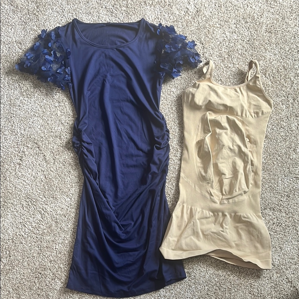 Maternity Elegant Navy Dress and spanx Set